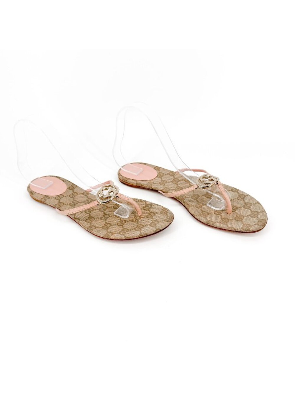 Gucci GG Thong Sandals Flat Pink Leather Beige Monogram Canvas Size 9 Women’s